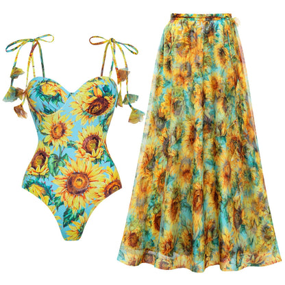 Swimsuit Sunflower Print Lace up Hard Bag One Piece Swimsuit Set Women