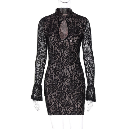 Women Clothing Winter Sexy Lace Cutout Package Hip Flare Sleeve Dress