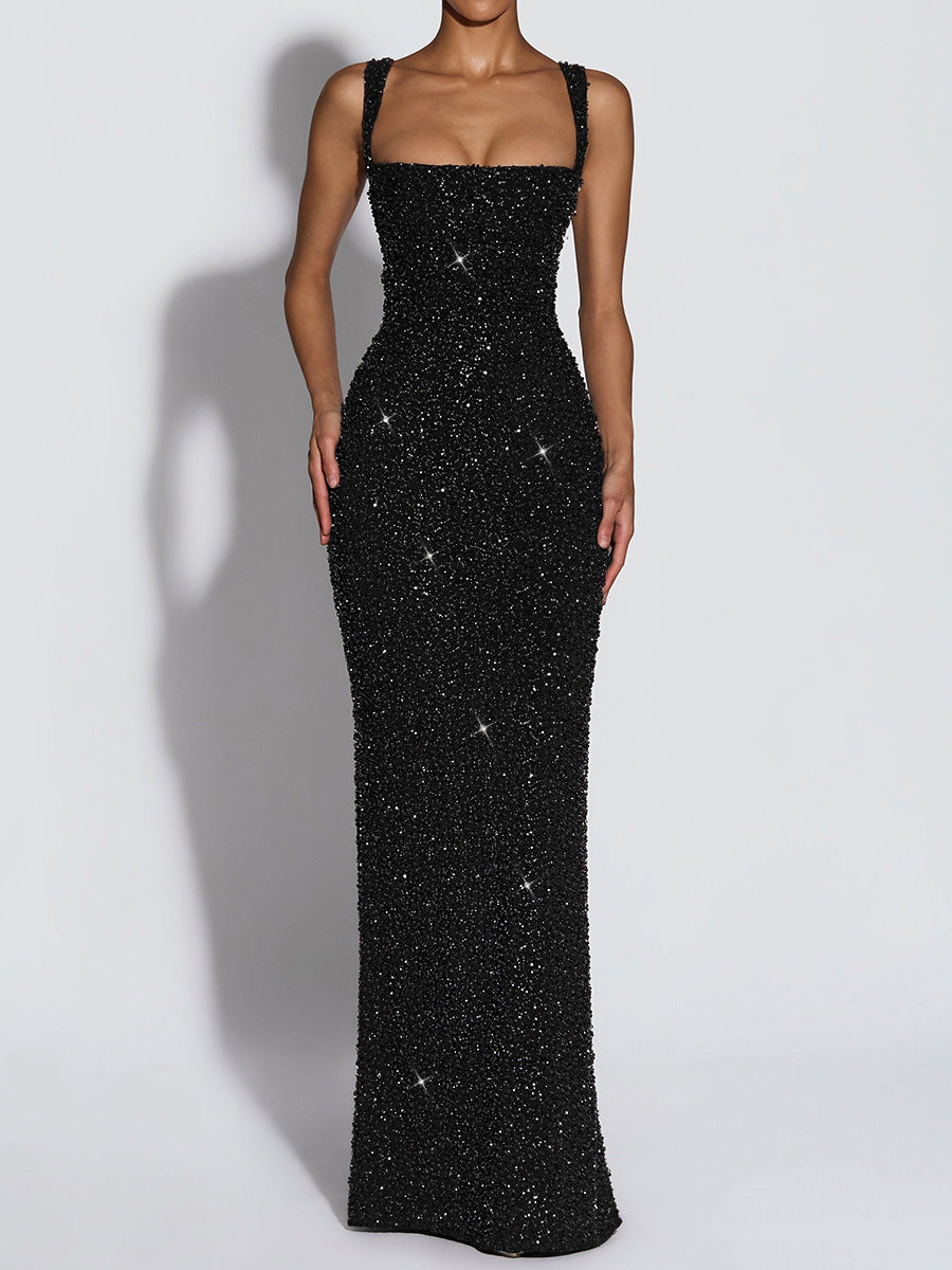 Women Clothing Dress Sequin Sling Evening Dress Dinner Sexy Dress Slim Fit Backless Maxi Dress