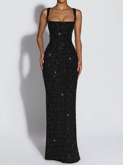 Women Clothing Dress Sequin Sling Evening Dress Dinner Sexy Dress Slim Fit Backless Maxi Dress
