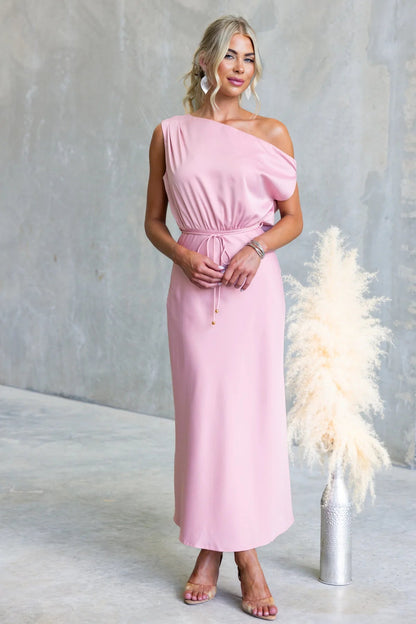 Summer Cocktail Sloping Shoulder off the Shoulder Sexy Solid Color Tied Dress