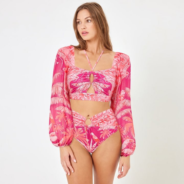 Oblique Shoulder Long Sleeve Halter Swimsuit Women High Waist Thin Bikini