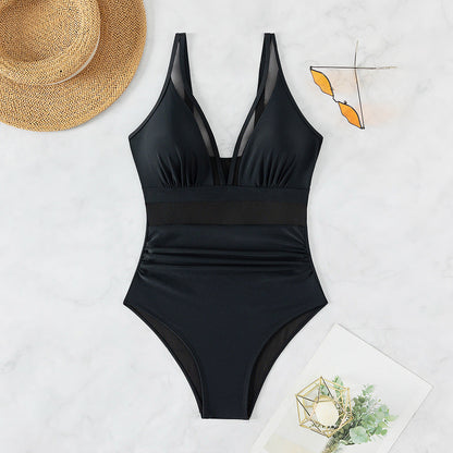 Bikini Solid Color Mesh Backless Sexy Bikini One-Piece Swimsuit Swimwear