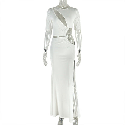 Elegant Women Clothing Hollowed out Split Socialite Asymmetric Dress round Neck Solid Color Pleated Dress