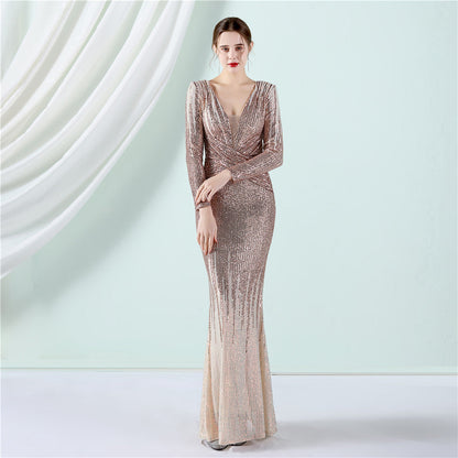 Gradient Sequin Long Sleeve Evening Dress Spring Summer Long Sequ Dress Toast Dress