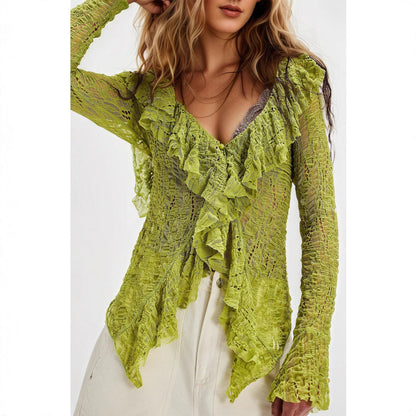 Lace V neck Shirt Women Autumn Ruffles Cardigan Long Sleeve Short Knitted Top