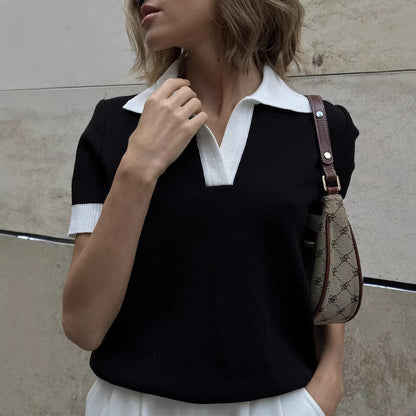 Short Sleeved Knitwear Summer Office Polo Collar Contrast Color Slim Fit Knitted Top