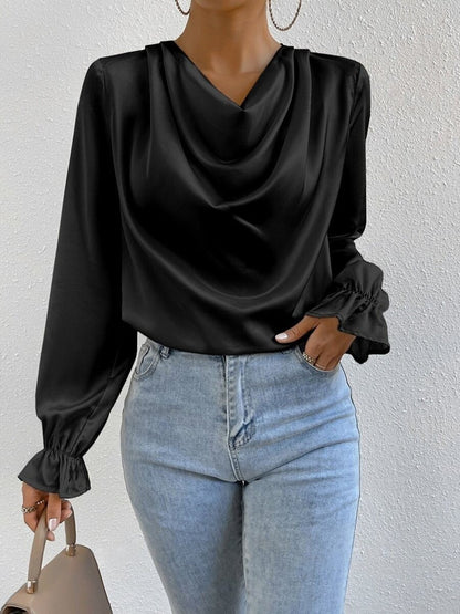 Women Clothing Ruffled Sleeve Satin Shirt Autumn Arrival Long Sleeve Satin Shirt