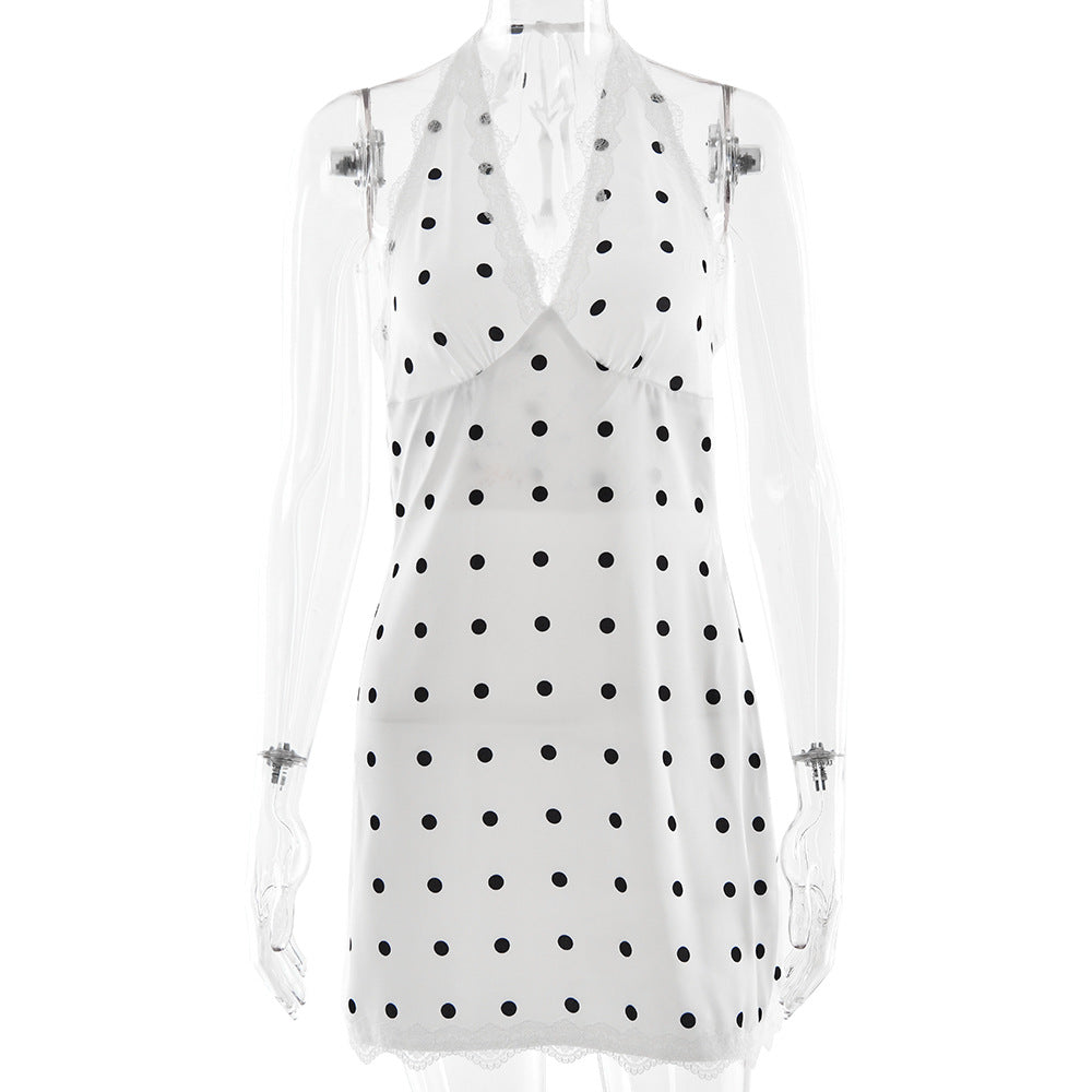 Summer Satin Polka Dot Cinched Dress Halter Lace Sleeveless Backless Sheath Dress