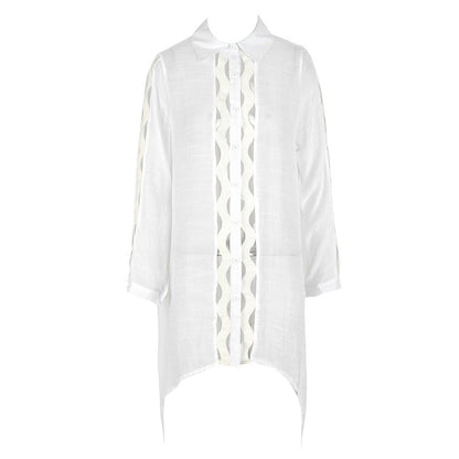 Slub Cotton Patchwork Edge Shirt Sun Protection Cardigan Vacation Beach Coat Bikini Cover up Blouse