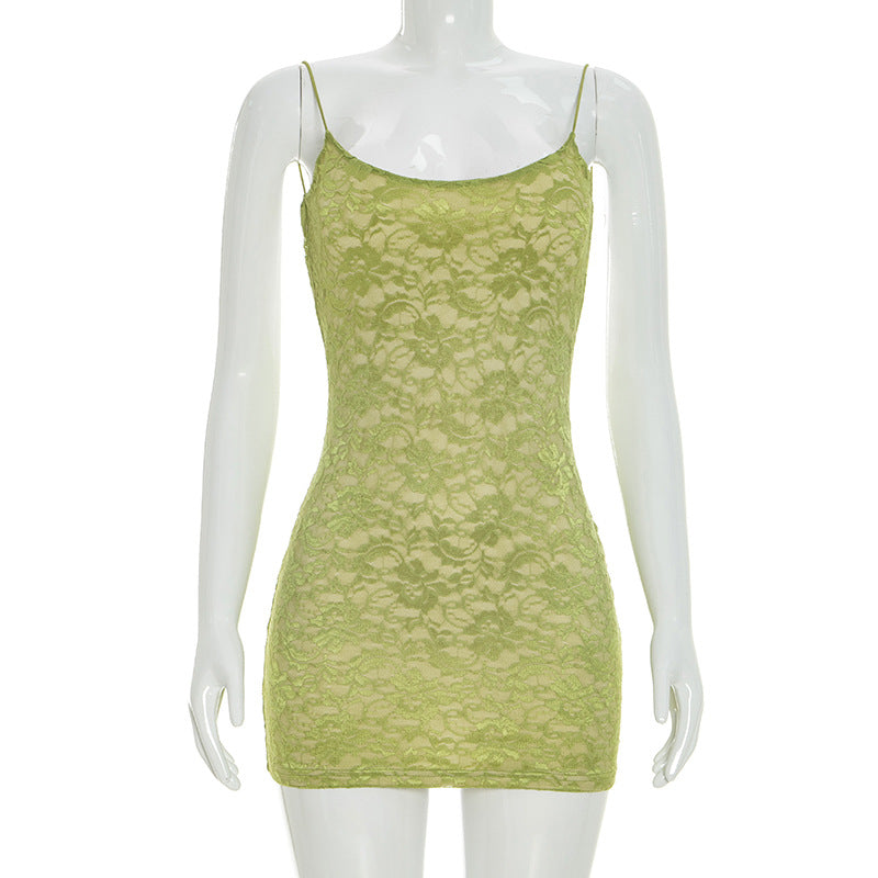 Women Clothing Summer Solid Color Sexy Lace Sling Bare Back Skinny Sheath Dress