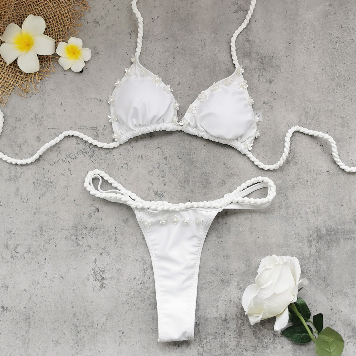 Pure White Low Waist Braid Rope Lace up Sexy Backless Split Swimsuit for Women