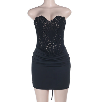 Waist Slimming Sexy Tube Top Hollow Out Cutout Lace Dress