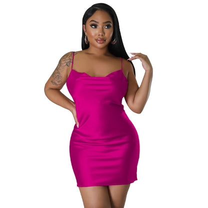 Women Clothing Solid Color Backless Dress Artificial Silk Sexy Swing Collar Sling Dress