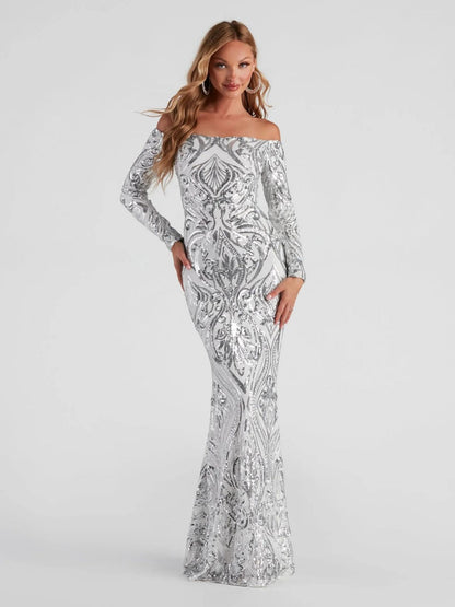 Summer Elegant Sequ Sexy off Neck Dress Cocktail Evening Maxi Dress Fishtail Dress