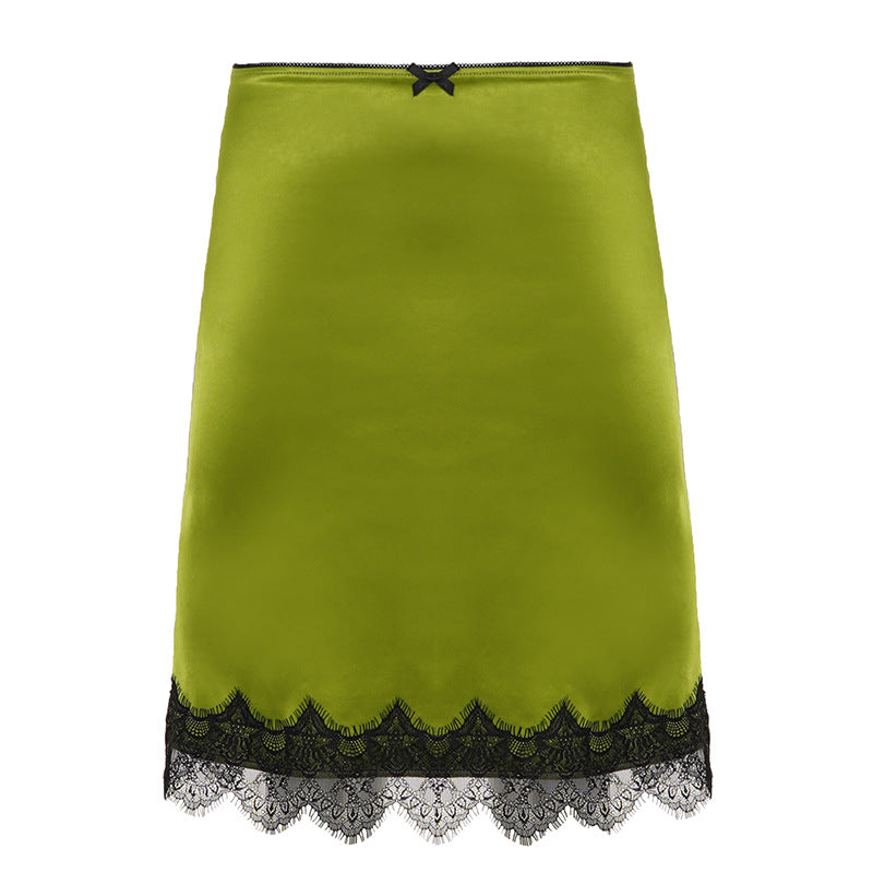 Elegant Graceful Women Satin Skirt Lace Stitching Contrast Color Bow Low Waist Mid Length Hip Skirt for Women