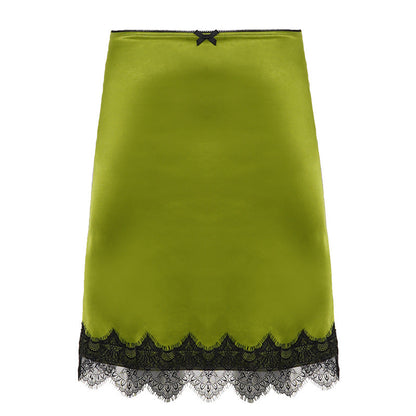 Elegant Graceful Women Satin Skirt Lace Stitching Contrast Color Bow Low Waist Mid Length Hip Skirt for Women