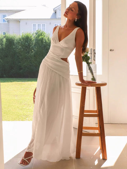 V neck Sleeveless Solid Color Stitching Big Swing Maxi Dress