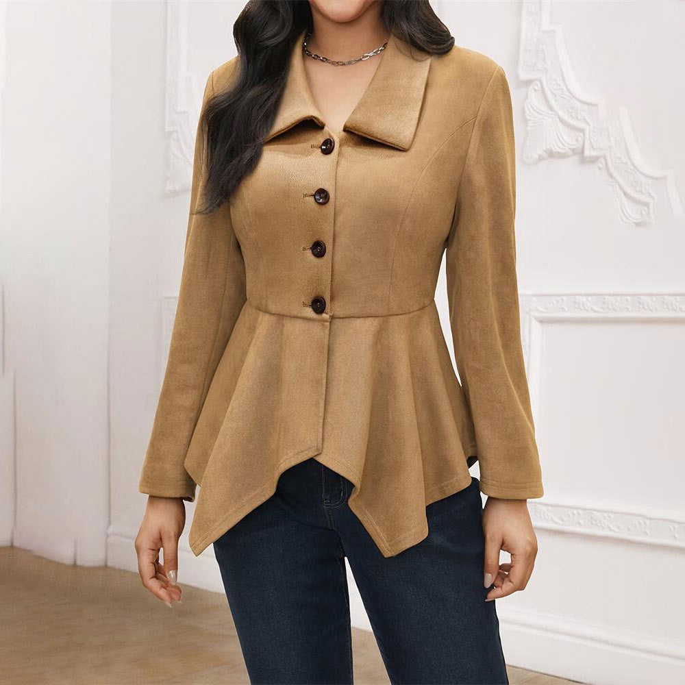 Elegant Office Collared Irregular Asymmetric Open Placket Suede Loose Long Sleeve Jacket Women Suede Trench Coat