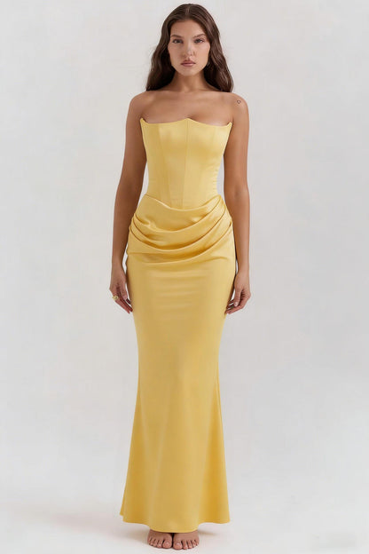 Dress Elegant Sexy Waist Trimming Tube Top Boning Corset Pleated Satin Sheath Dress