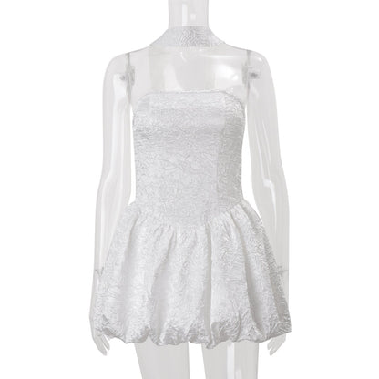 Women Clothing Autumn French Sexy Tube Top Dress Ribbon Fitted Waist Bubble Short Dress