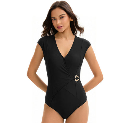 Sexy Swimsuit Women Triangle One Piece Solid Color Backless Conservative Swimwear