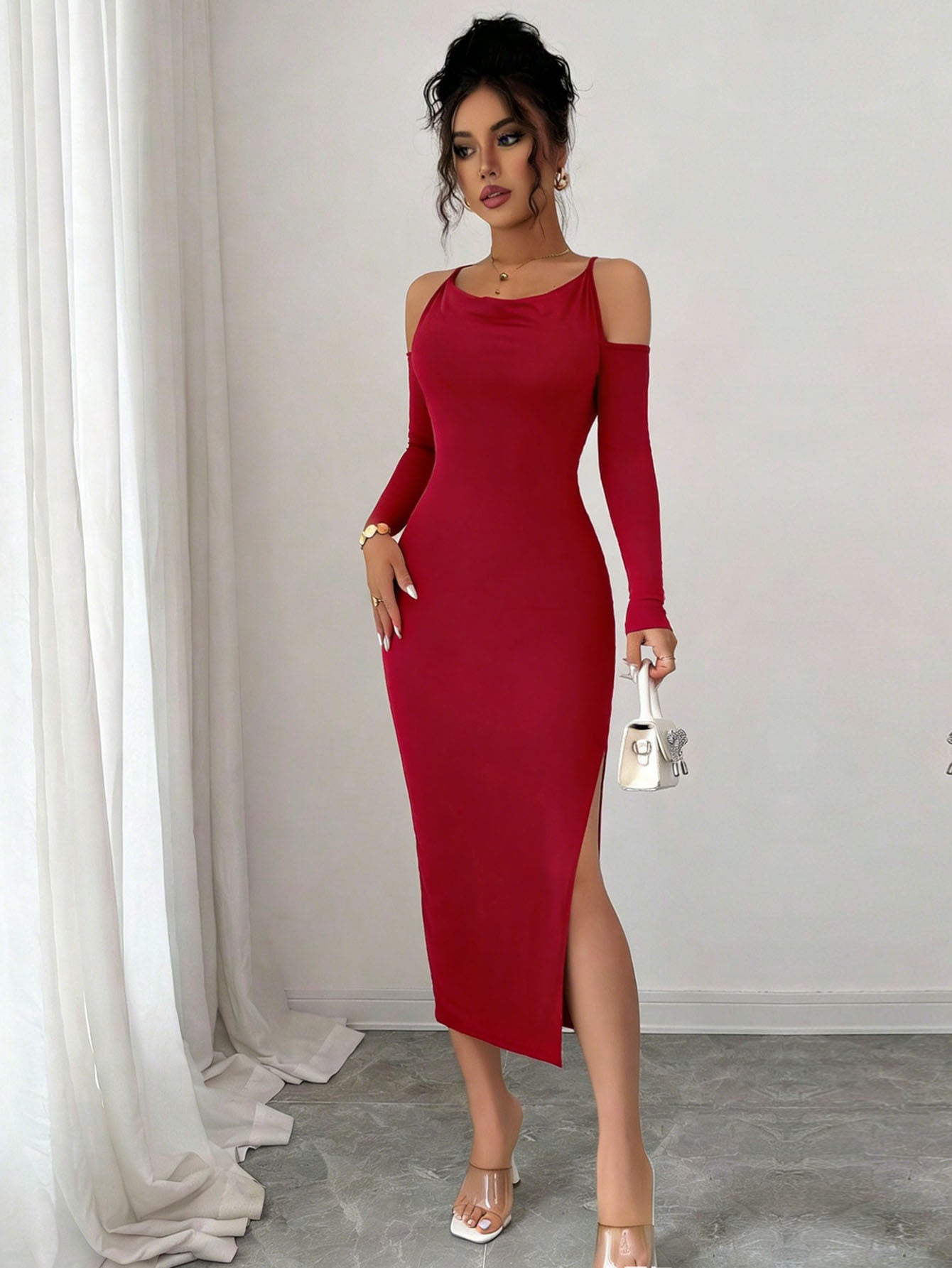 Cross Border Off Shoulder Dress Slimming Slit Bodycon Long Sleeve Formal Mid Length Dress For Banquets