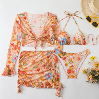 Swimsuit Printed Four Piece Bedding Set Beach Skirt Bikini Swimsuit Women Bikini