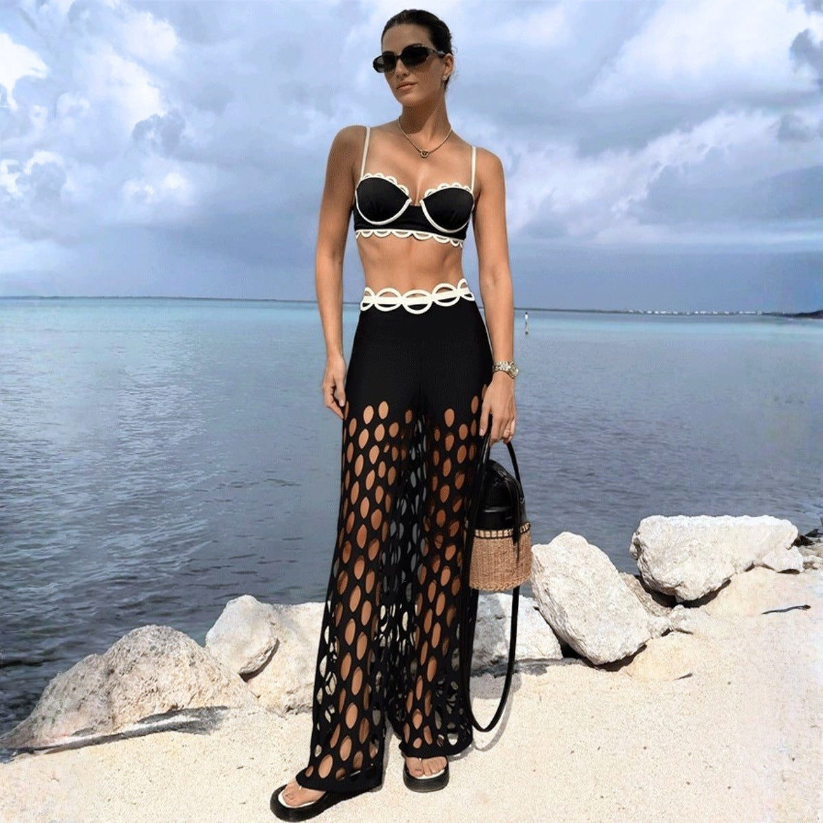 Swimsuit Black Niche High Grade Hollow Out Cutout Beach Pants One Piece Swimsuit Set Women