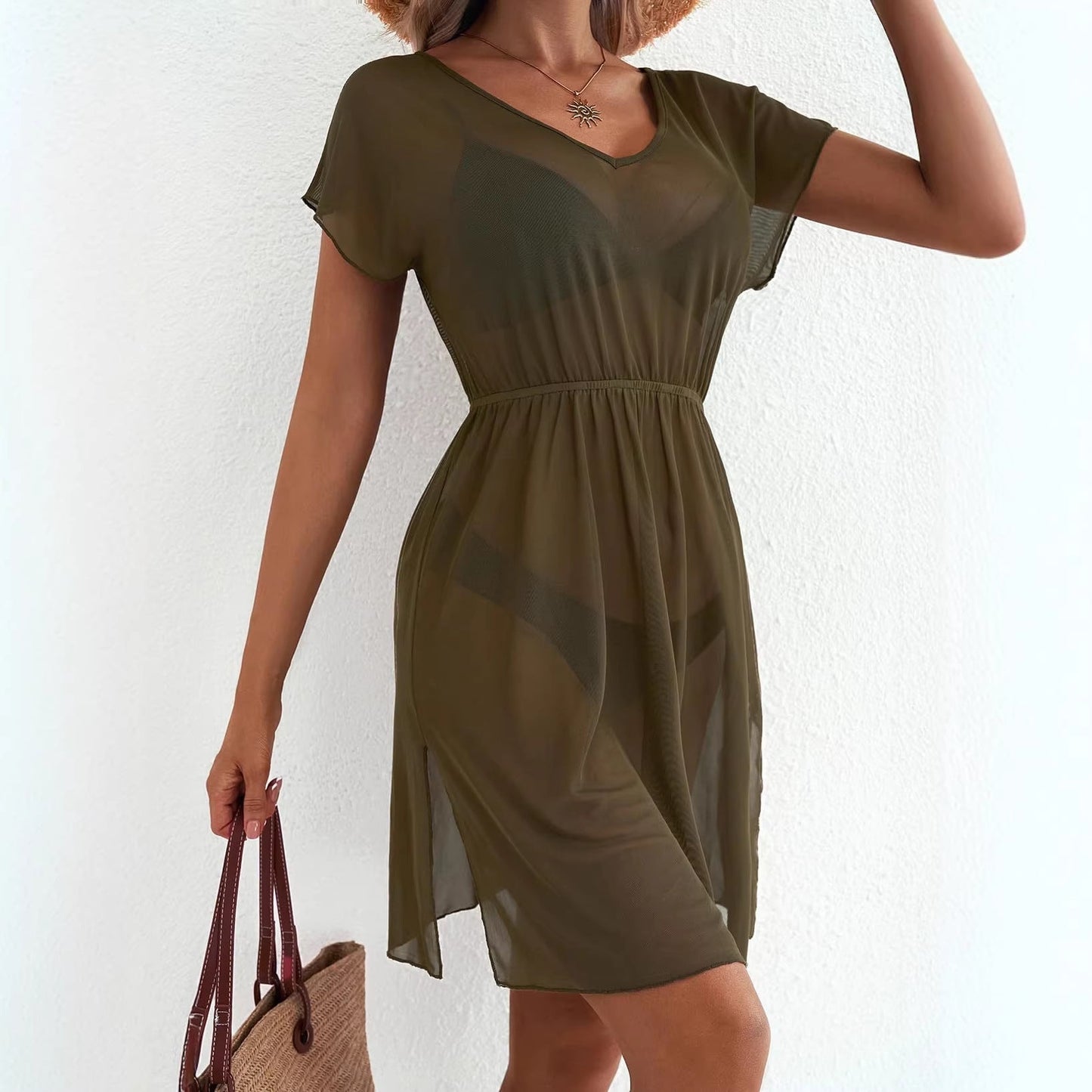 Casual V neck Sleeveless Jacket Short Sleeved Cinched Mesh Women Dress