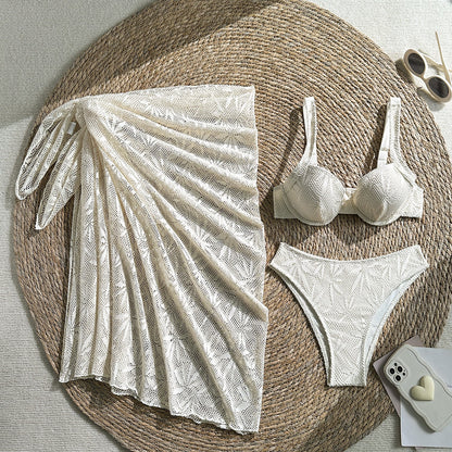 Wave Vacation Beach Hollow Out Cutout Lace Swimsuit Three Piece Swimsuit Bikini
