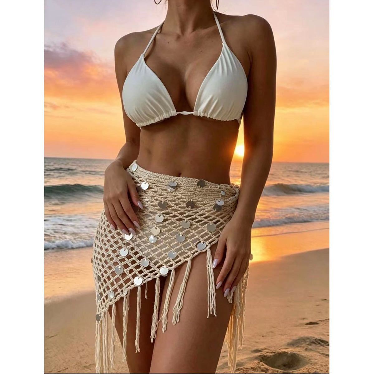 Hollow Out Cutout out Sequin Hand Crocheting Beach Irregular Asymmetric Triangle Shawl Sexy Fishnet Tassel Sun Proof Beach Towel