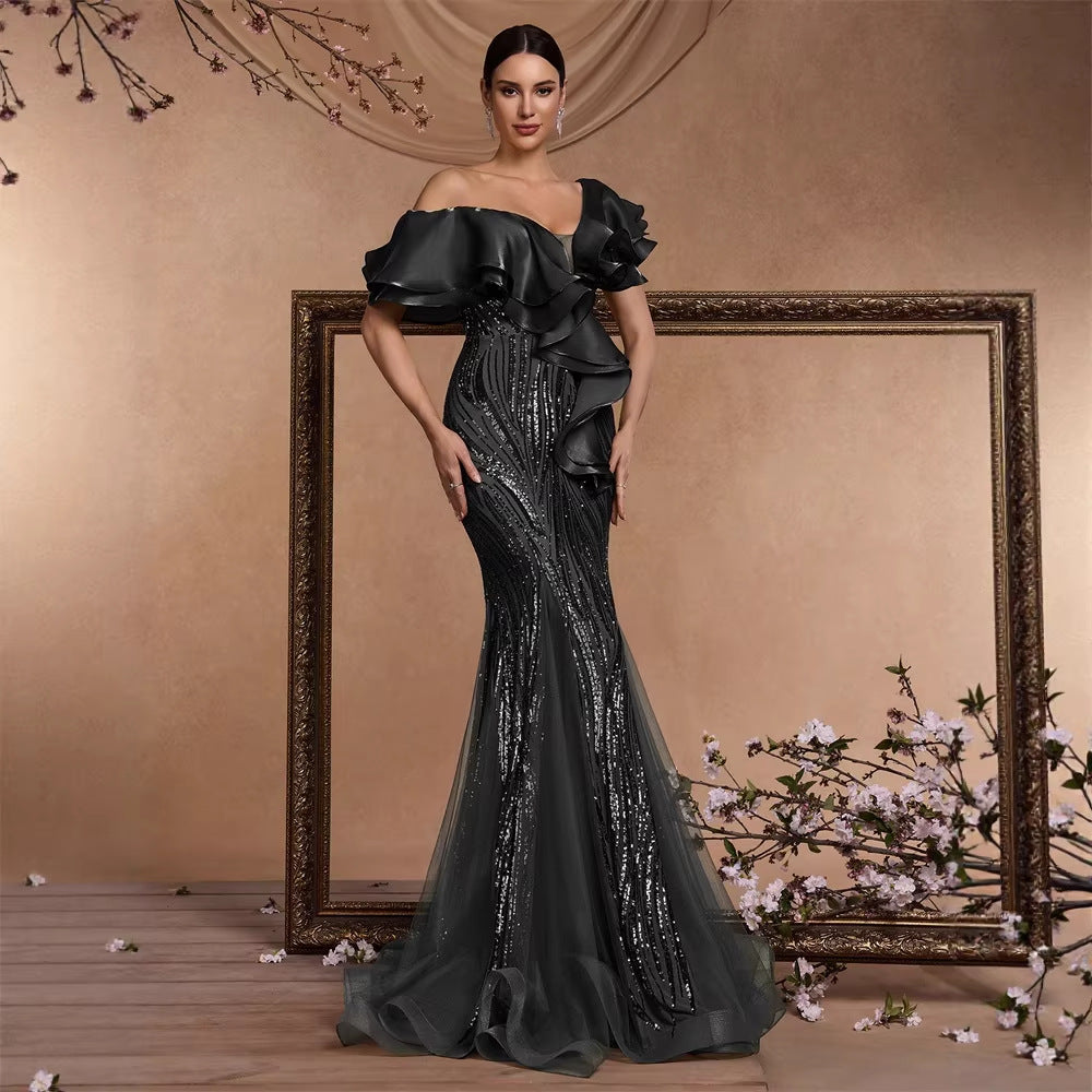 Elegant Ruffle Sleeve Sequin Elegant Cocktail Party Dinner Dress Backless Luxury Fishtail Graduation Evening