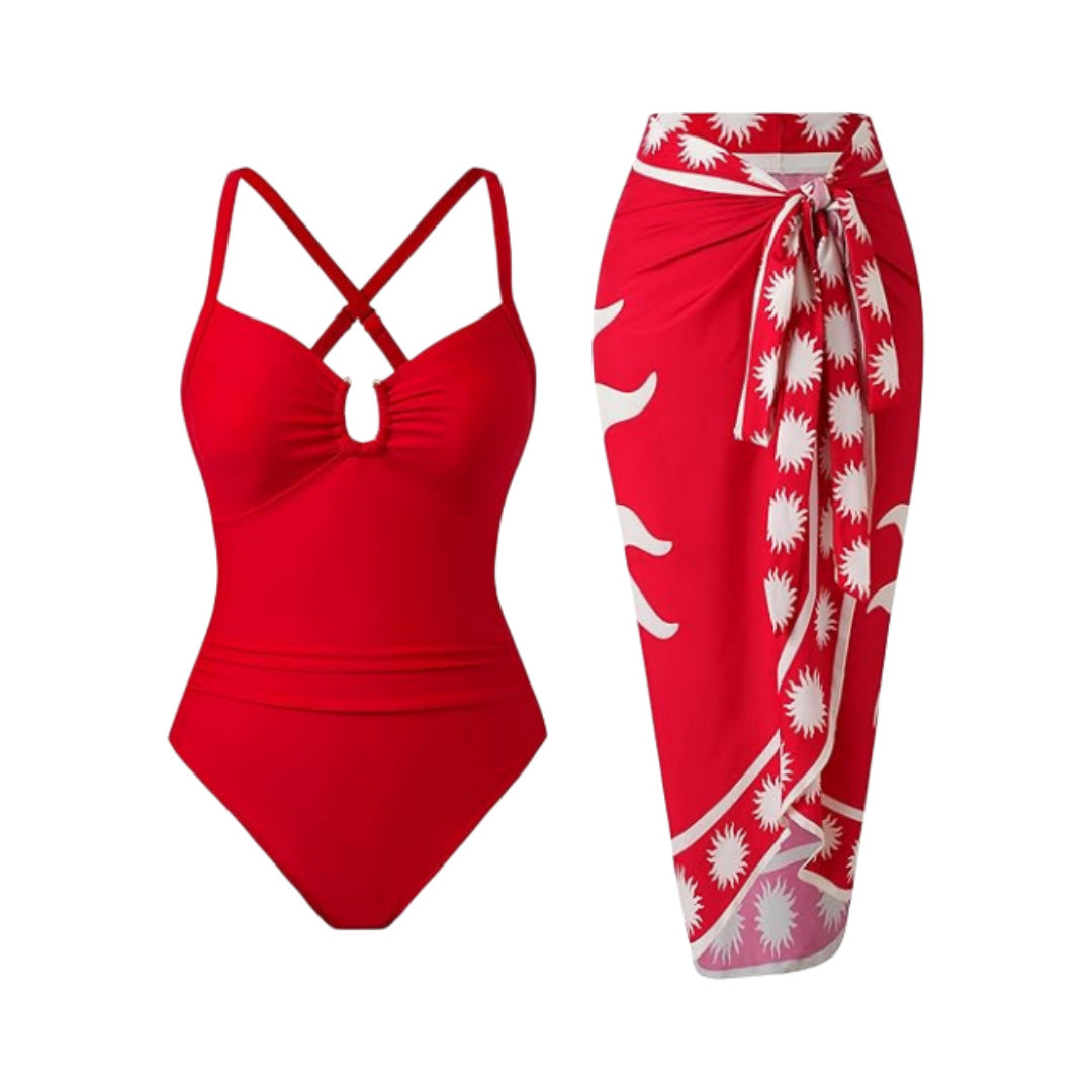 Bikini Print Siamese Conservative Swimsuit Wrap Skirt Two Piece Sets Swimsuit Women