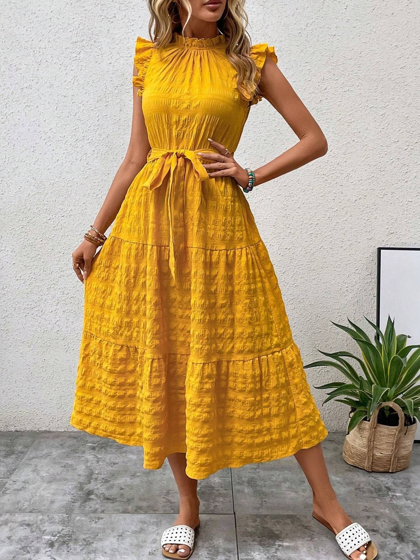 Women Clothing Summer Fashionable Stringy Selvedge Flying Sleeves Lace Up Texture Dress