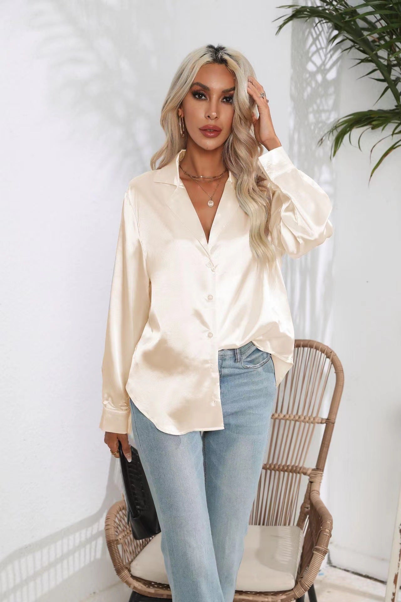 Popular Real Collar Satin Shirt Women Satin Artificial Silk Long Sleeve Shirt Women Clothing