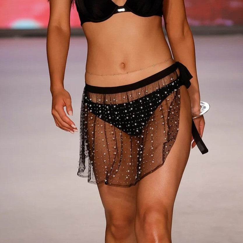 Spring Summer Women Clothes Sexy Beaded Rhinestone Strap Mesh Beach Dress
