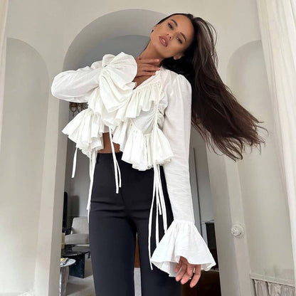 Women Clothing Spring Ruffled Flare Sleeve Tie Neck Top All Matching Shirt