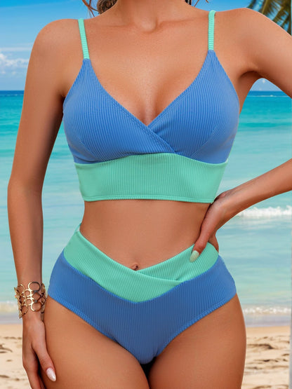 Bikini Sunken Stripe Color Matching High Waist Sexy Split Swimsuit Bikini Women Swimsuit