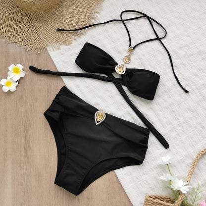Pure Black Tube Top Halter Strap Sexy Backless High Waist Bikini Sexy Split Swimsuit