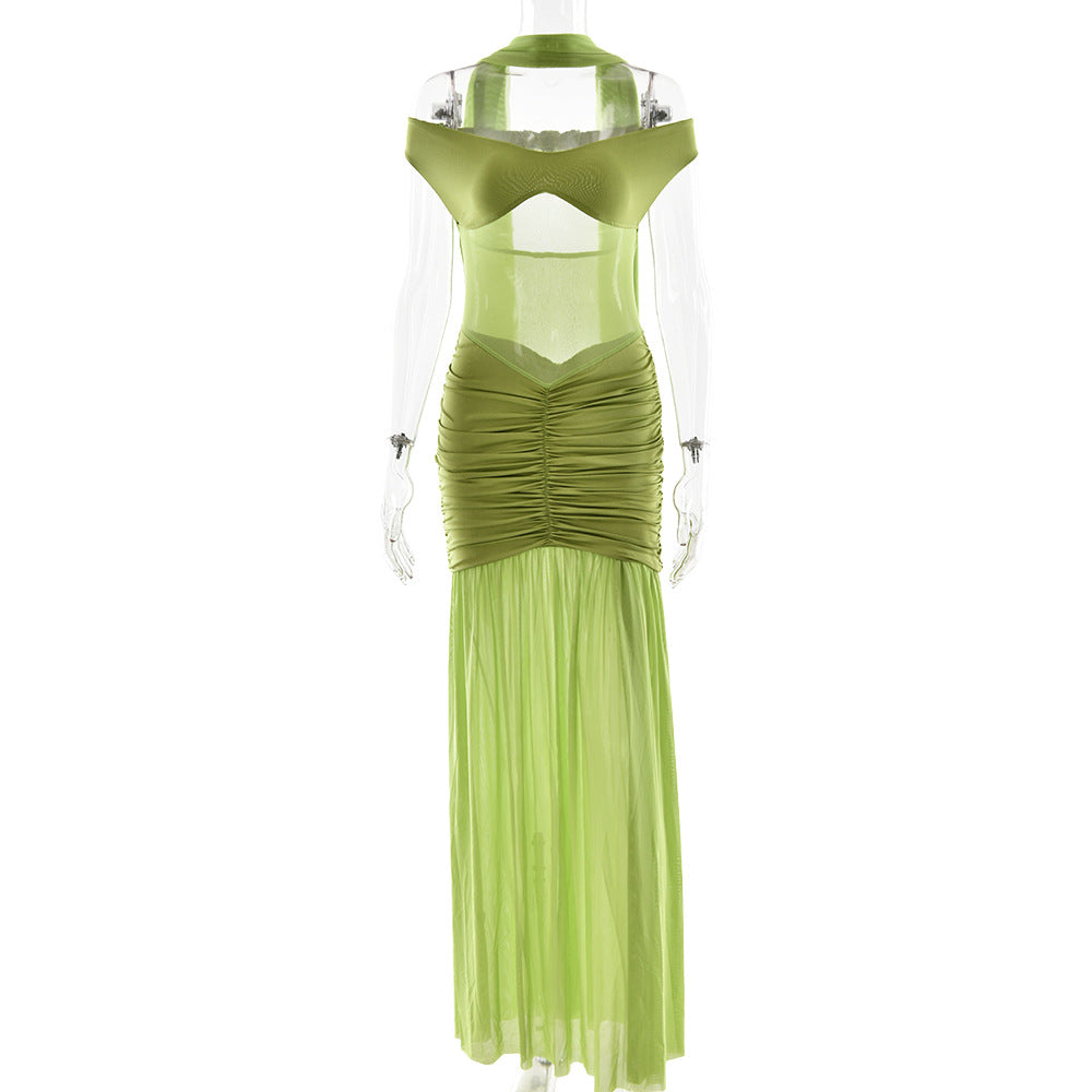 Summer Sexy Tube Top Backless Dress Mesh Pleated Slit Dress