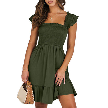 Women Clothing Summer Square Collar Plaid Smocking Sweet Mid Length Dress