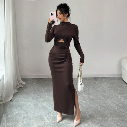 Autumn Winter Sexy Slit Slim Fitting Cropped Outfit Long Sleeve Mid Length Long Sleeve Dress