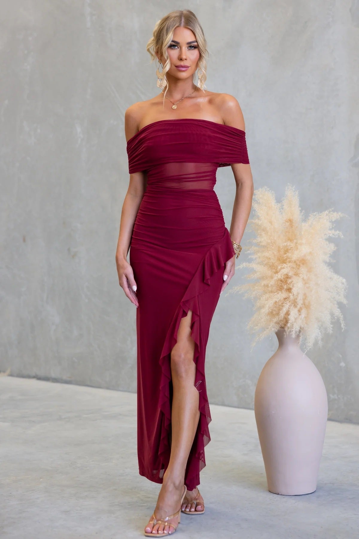 Split Ruffled Solid Color Hollow Out Cutout Mesh Sheath Dress