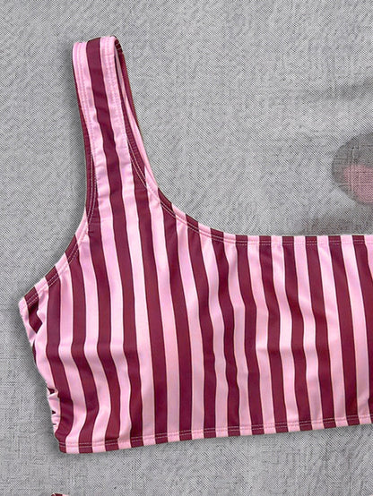 Bikini Pink Striped One Shoulder Tube Top Bikini Sexy Backless Low Waist Split Swimsuit