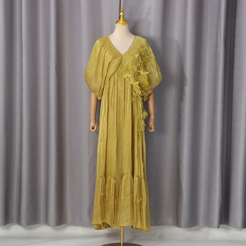 Romantic Vacation Maxi Dress Spring V neck Drop Shoulder Batwing Sleeve Stitching Three Dimensional Floral Dress