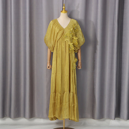 Romantic Vacation Maxi Dress Spring V neck Drop Shoulder Batwing Sleeve Stitching Three Dimensional Floral Dress