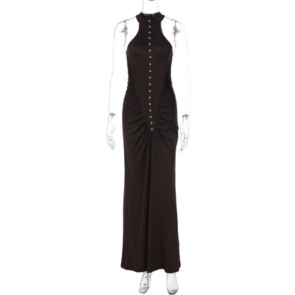 French Women Autumn Slim Fit Crumpled Button round Neck Sleeveless Dress for Women