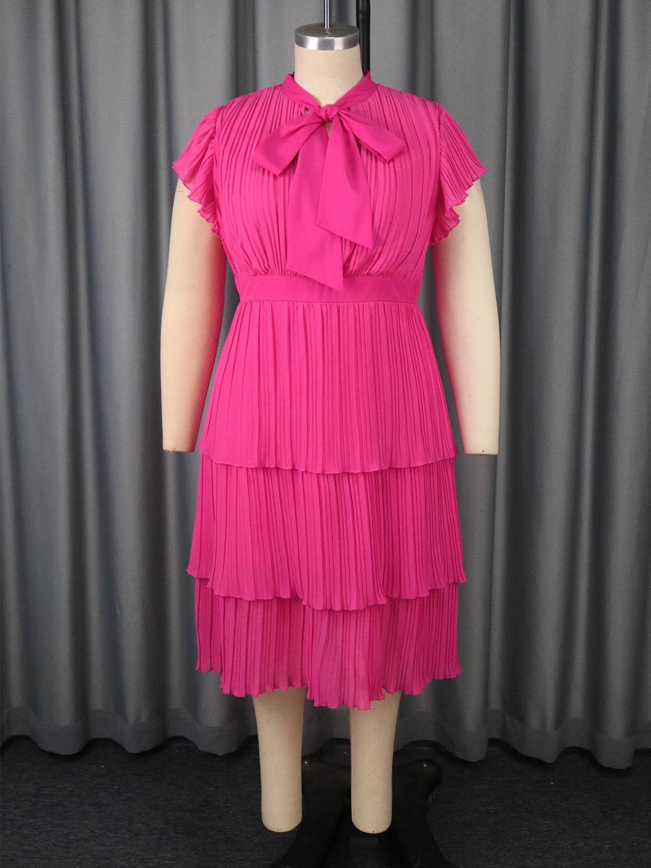 Summer Graceful Bow round Neck Dress Slim Fit Pleated Tiered Dress Party Evening Dress