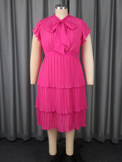 Summer Graceful Bow round Neck Dress Slim Fit Pleated Tiered Dress Party Evening Dress